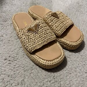 Prada Beige Woven Slide Sandals